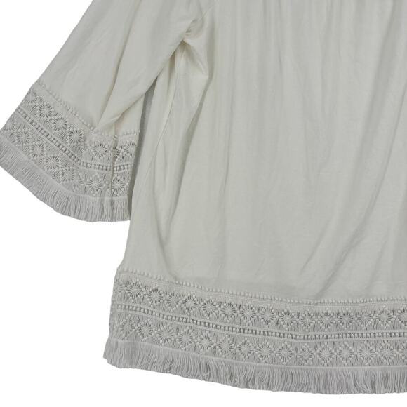 Chico's Stretch Knit Blouse Top Boat Neck Crochet Fringe Lace Trim White Size L - Picture 5 of 11